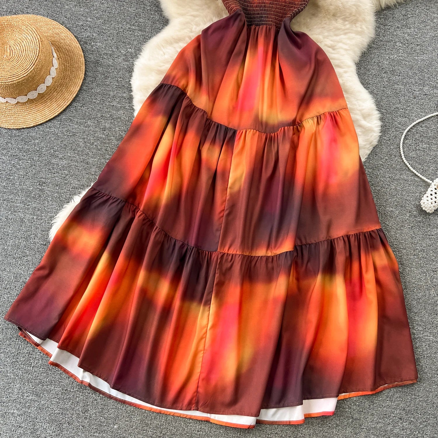 Orange Colorblock Halter Lace-up Backless Pleated Long Dresses Woman Elegant Holiday Sexy Club Party Dress Summer Fashion French