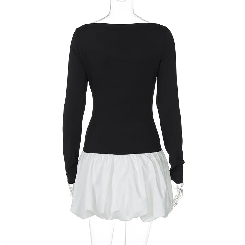 Patchwork Long Sleeve Sexy Mini Dress For Women Color Contrast High Waist A-line Club Party Sexy Puffy Dress Elegant