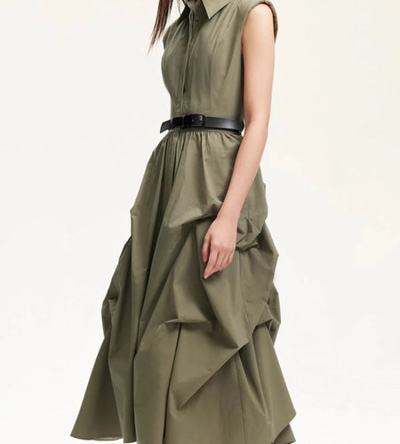 Vintage Spliced Folds Temperament Dresses for Women Lapel Sleeveless Patchwork Belt Dress Female Fashion Clothing