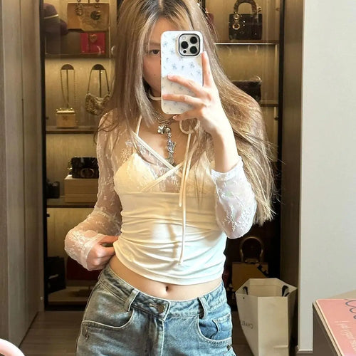 Load image into Gallery viewer, Y2k Aesthetic Lace Patchwork Crop Top Vintage Harajuku V Neck Bandage T-shirts Streetwear See Through Slim Fit Grunge Tees Women
