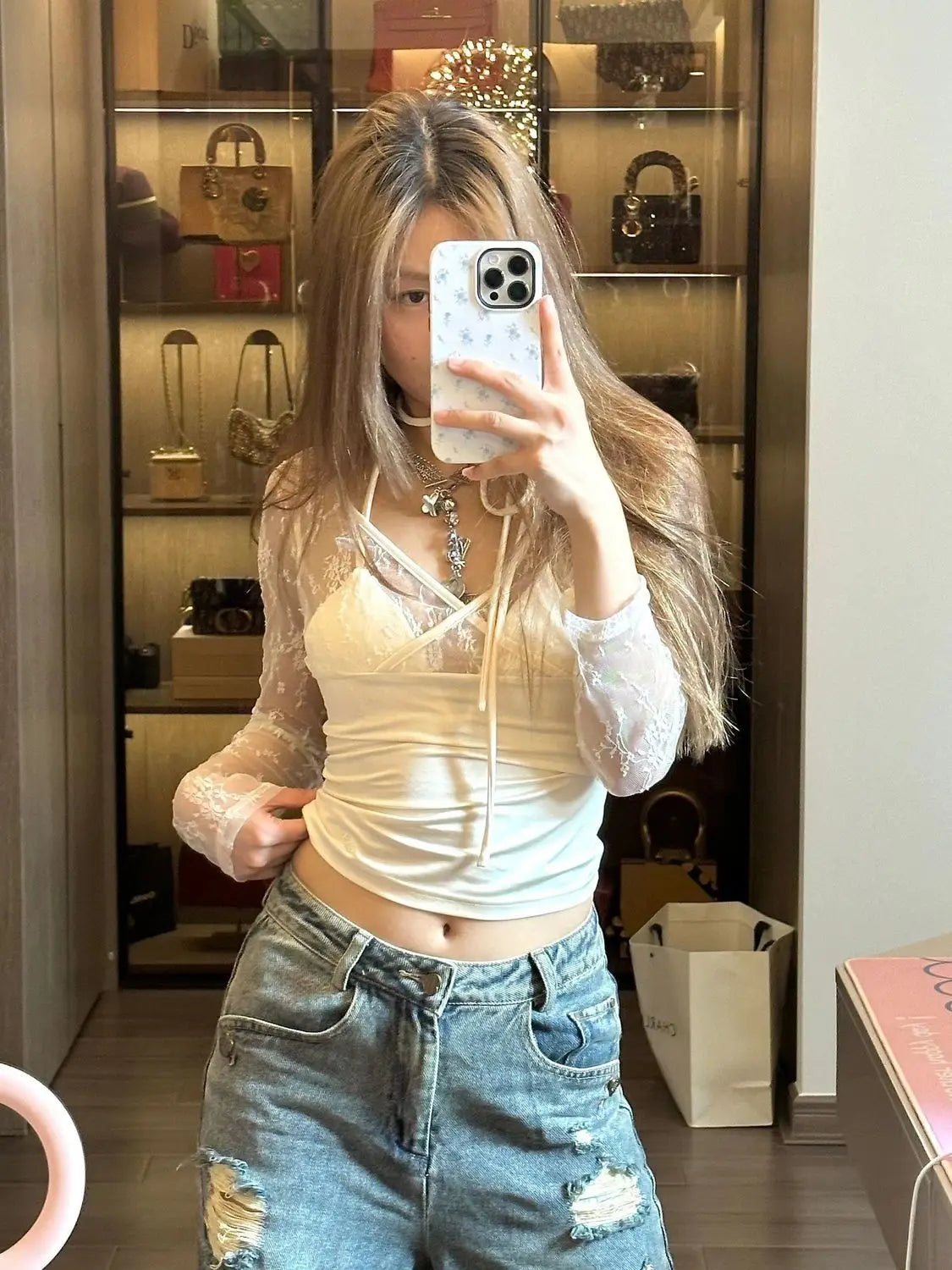 Y2k Aesthetic Lace Patchwork Crop Top Vintage Harajuku V Neck Bandage T-shirts Streetwear See Through Slim Fit Grunge Tees Women