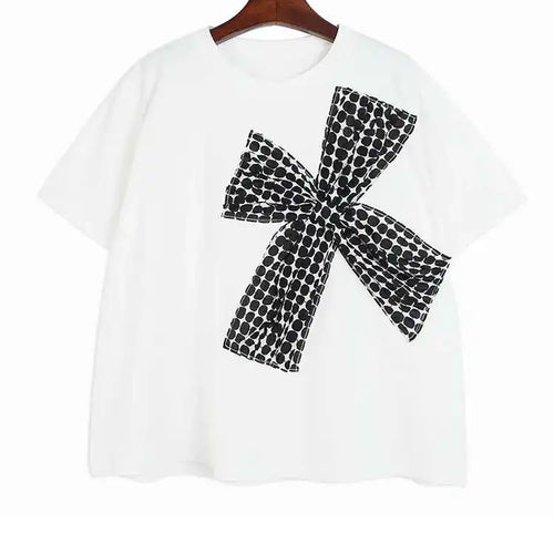 Load image into Gallery viewer, Women Black Plaid Bow Big Size Casual T-shirt New Round Neck Short Sleeve Fashion Tide Spring Summer 2025 1DE9057
