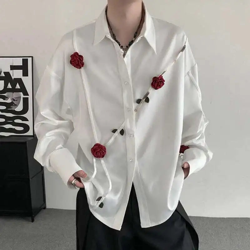 Spring Men's Shirts Three-dimensional Rose Design Lapel Contrast Color Menswear Long Sleeve Single Breasted Male Tops 9W185