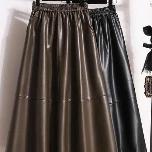 Load image into Gallery viewer, Fashion Black Elegant Pu Leather Pleated Long Skirt Women&#39;s Brown Elegant High Waist Plus Size A-line Party Skirt Femme New
