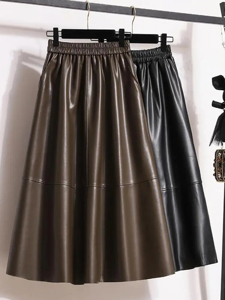 Fashion Black Elegant Pu Leather Pleated Long Skirt Women's Brown Elegant High Waist Plus Size A-line Party Skirt Femme New