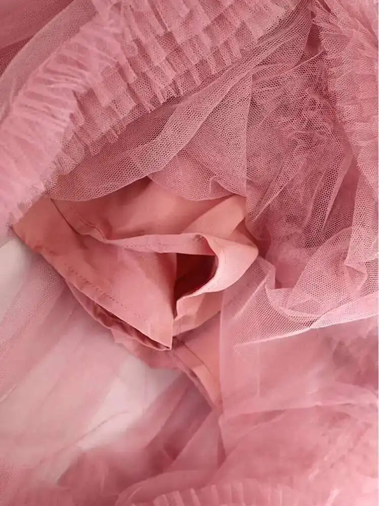 High Elastic Waist Yellow Mesh Ruffles Irregular A-line Half-body Skirt Women Fashion Tide New Spring Autumn 2025 1DH9405