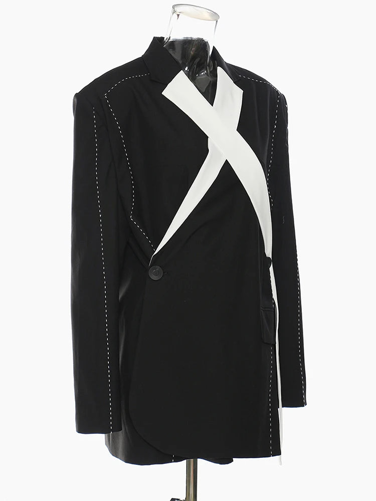 Women Topstitched Cross Big Size Blazer New Lapel Long Sleeve Loose Fit Jacket Fashion Tide Spring Autumn 2025 1DE9036