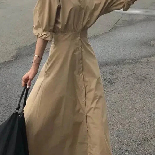 Load image into Gallery viewer, Women Casual Long Shirts Dresses 2025 Summer Spring Clothes Khaki Puff Sleeves Botton Simple Maxi Dresses for Women
