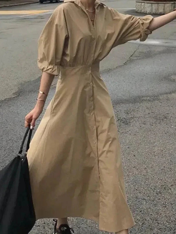 Women Casual Long Shirts Dresses 2025 Summer Spring Clothes Khaki Puff Sleeves Botton Simple Maxi Dresses for Women