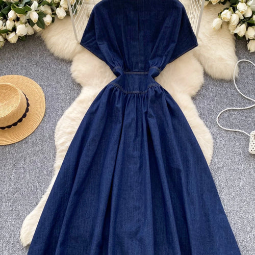 Load image into Gallery viewer, French Vintage Blue Elegant Single Breasted Short Sleeved High Waist Pleated Denim Dresses Spring Fashion V Neck Party Dress New
