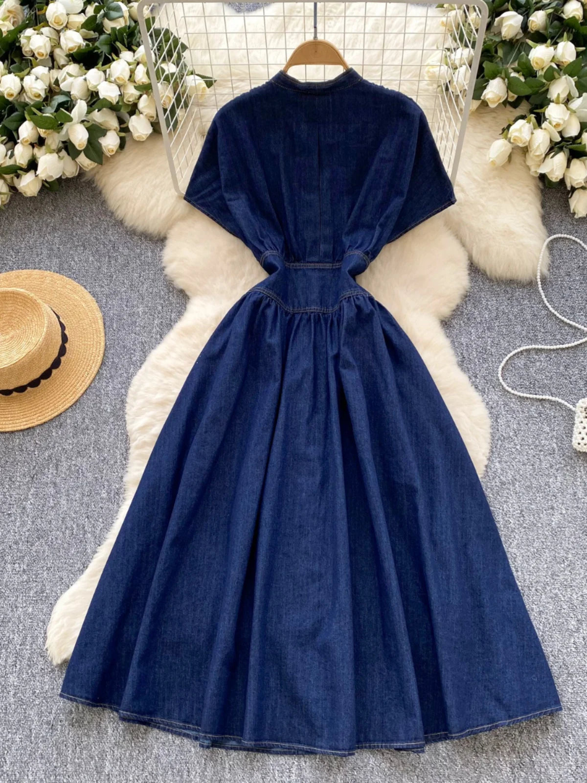 French Vintage Blue Elegant Single Breasted Short Sleeved High Waist Pleated Denim Dresses Spring Fashion V Neck Party Dress New
