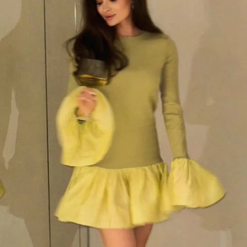 Load image into Gallery viewer, Long Flare Sleeve Knitted Sexy Mini Dress For Women Autumn Winter New Patchwork O Neck A-line Knit Puffy Dress Elegant
