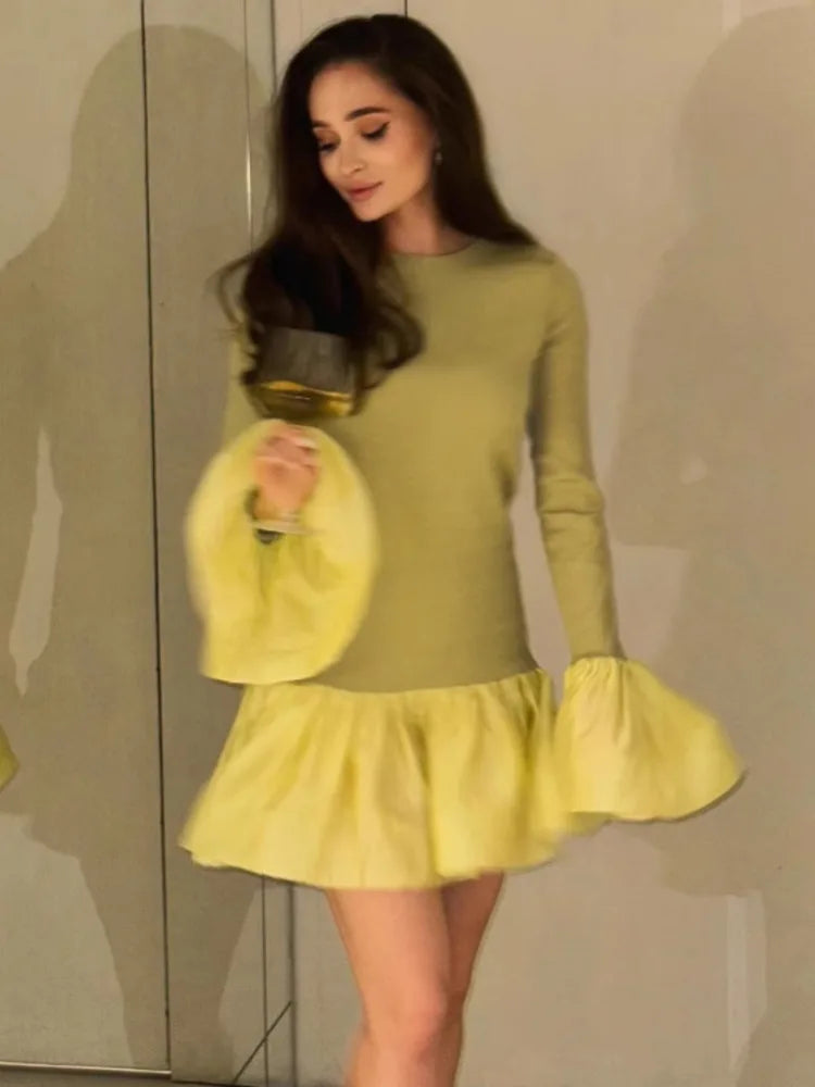 Long Flare Sleeve Knitted Sexy Mini Dress For Women Autumn Winter New Patchwork O Neck A-line Knit Puffy Dress Elegant