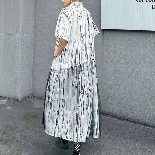 Load image into Gallery viewer, Women Black White Tie Dye Mesh Big Size Midi Shirt Dress New Lapel Short Sleeve Fashion Tide Spring Summer 2025 1DH5962
