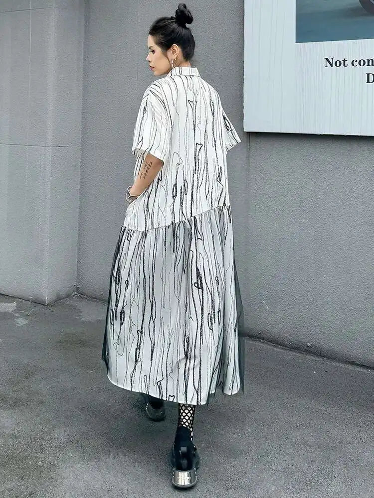 Women Black White Tie Dye Mesh Big Size Midi Shirt Dress New Lapel Short Sleeve Fashion Tide Spring Summer 2025 1DH5962
