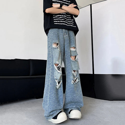 Load image into Gallery viewer, Korean Style Male Jeans Loose Hole Jacquard Pockets Straight Leg Casual Solid Color Men&#39;s Denim Pants New Fashion 9C6572
