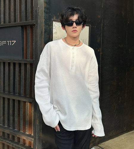 Men's Long Sleeve T-shirts New Korean Style Solid Color Trendy Button Design Pullover Loose Male O-neck Clothing 9W1760