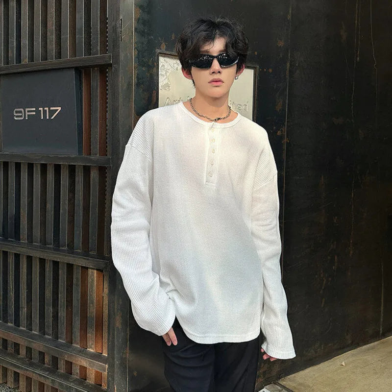 Men's Long Sleeve T-shirts New Korean Style Solid Color Trendy Button Design Pullover Loose Male O-neck Clothing 9W1760