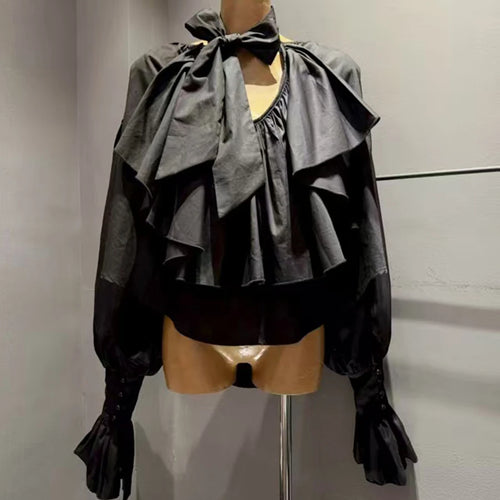 Load image into Gallery viewer, Solid Spliced Fungus Folds Elegant Blouses for Women V Neck Long Sleeves Temperament Blouse Female Fashion Clothing
