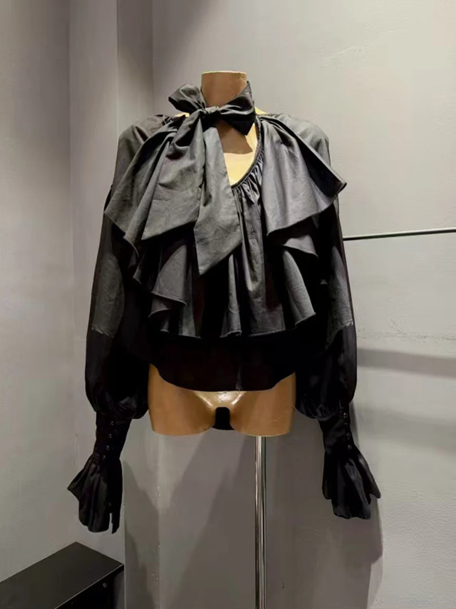 Solid Spliced Fungus Folds Elegant Blouses for Women V Neck Long Sleeves Temperament Blouse Female Fashion Clothing