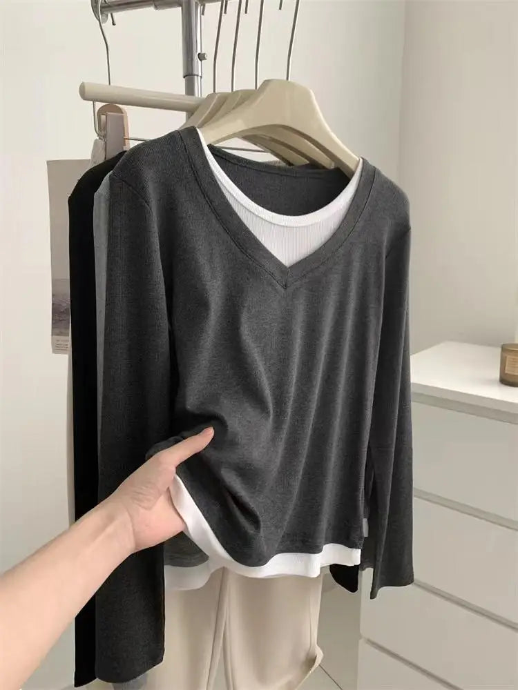 Korean Fashion Women's Patchwork Round Neck Versatile Cotton T Shirt Autumn Long Sleeves Vacation Pullovers Tops Casual Simple