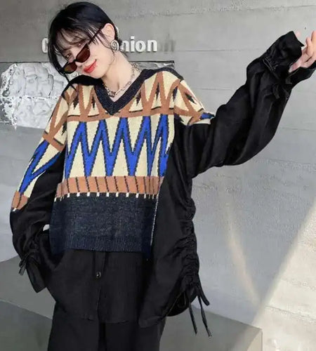 Pattern Denim Big Size Knitting Sweater Round Neck Long Sleeve Women Pullovers New Fashion Spring Autumn 2025  1DH0152