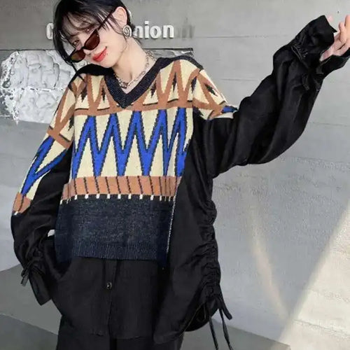 Load image into Gallery viewer, Pattern Denim Big Size Knitting Sweater Round Neck Long Sleeve Women Pullovers New Fashion Spring Autumn 2025  1DH0152
