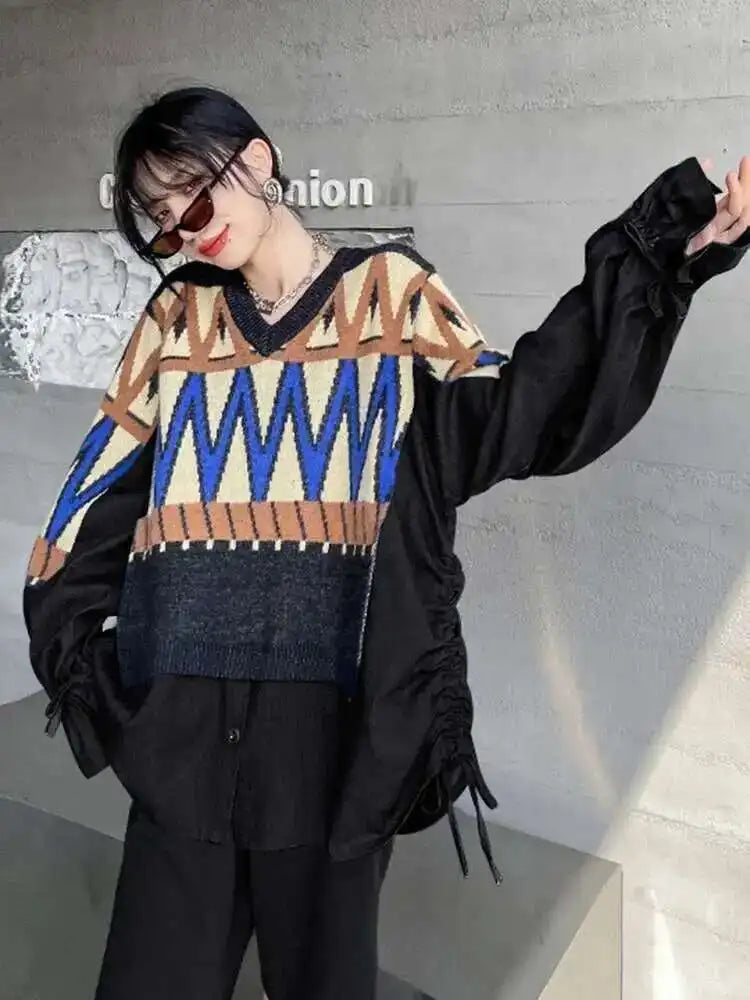 Pattern Denim Big Size Knitting Sweater Round Neck Long Sleeve Women Pullovers New Fashion Spring Autumn 2025  1DH0152