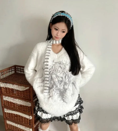 Korean V-neck Loose Harajuku Knitted Pullovers Vintage Print Striped Scarf Jumpers Y2k Grunge Casual Sweaters Women Streetwear