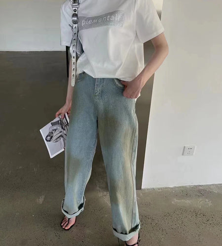 Hit Color Straight Jeans Female High Waist Spliced Pockets Wide Leg Denim Trousers For Women Clothing Vintage