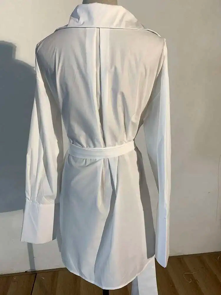 Women White Irregular Bandage Slit Shirt Dress New V-Neck Long Sleeve Loose Fit Fashion Tide Spring Autumn 2025 1DE9884