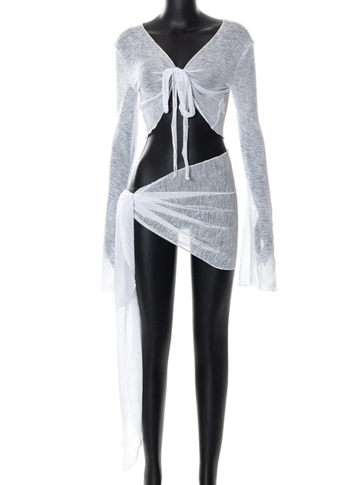 Sexy Mesh Perspective Strap Long Sleeved Women Two-piece Casual Dress Set New Summer Set 2024 Holiday Beach Partywear