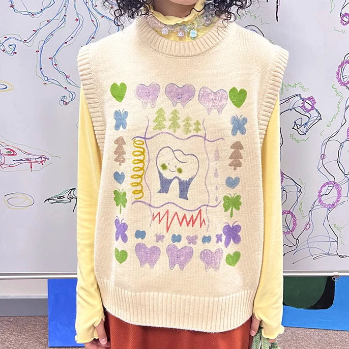 Autumn Grunge Loose Knitted Women's Tanks Casual Cartoon Sleeveless Pullovers Y2k Aesthetic Harajuku Streetwear Sweater Vest