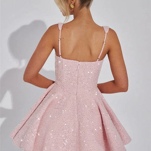 Load image into Gallery viewer, Sequins Bow Backless Sexy Mini Dress For Women Robe Fashion Square Collar Sleeveless High Waist A-line Club Dress
