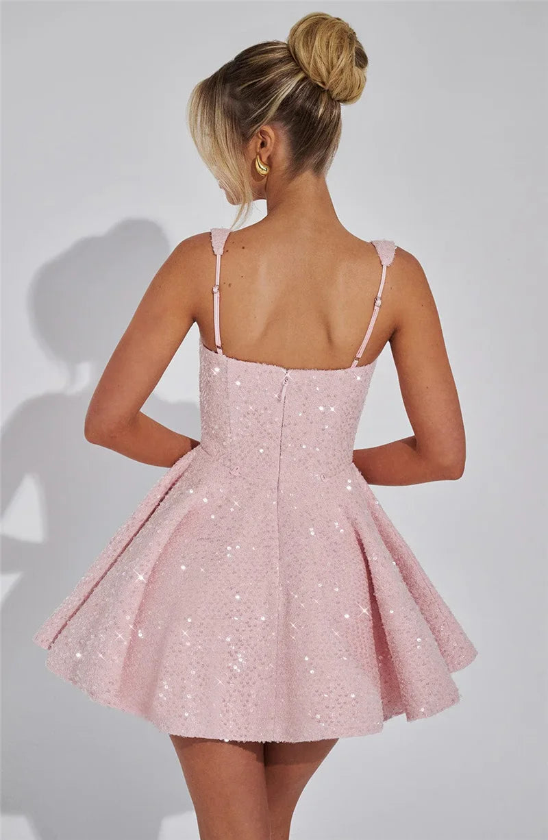 Sequins Bow Backless Sexy Mini Dress For Women Robe Fashion Square Collar Sleeveless High Waist A-line Club Dress