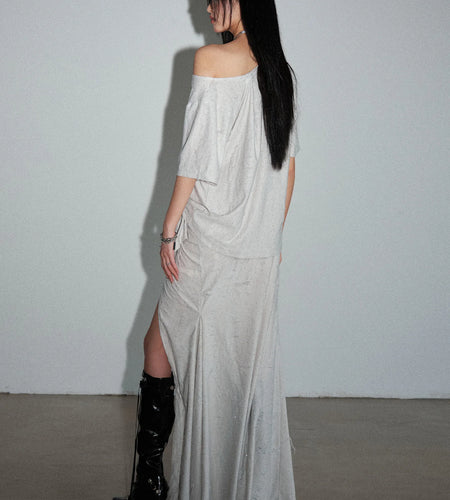 Shining T-shirt Irregular Skirt Two Pieces Suit New Skew Collar Sleeve Women Fashion Tide Spring Summer 2025 1DJ1461