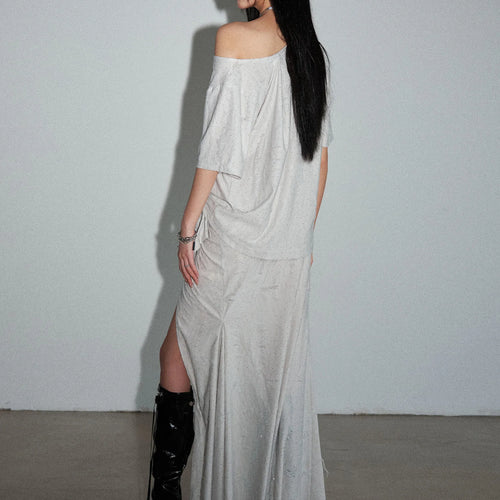 Load image into Gallery viewer, Shining T-shirt Irregular Skirt Two Pieces Suit New Skew Collar Sleeve Women Fashion Tide Spring Summer 2025 1DJ1461
