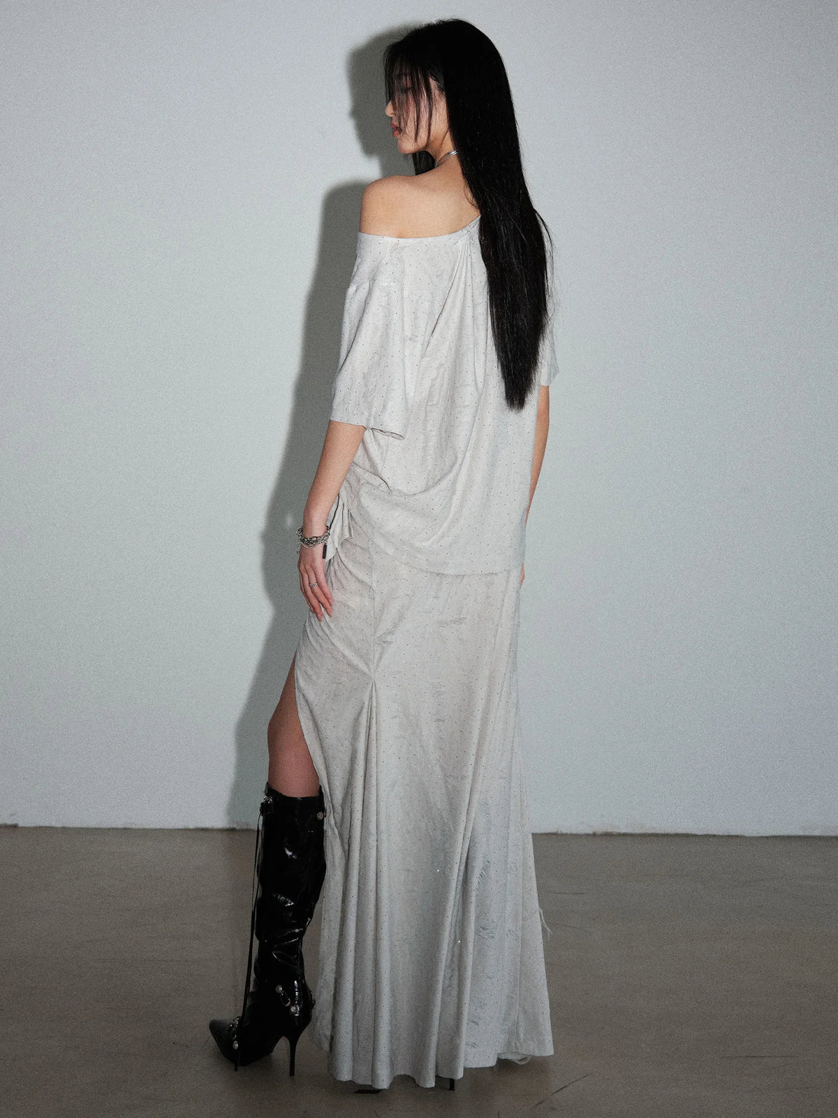 Shining T-shirt Irregular Skirt Two Pieces Suit New Skew Collar Sleeve Women Fashion Tide Spring Summer 2025 1DJ1461