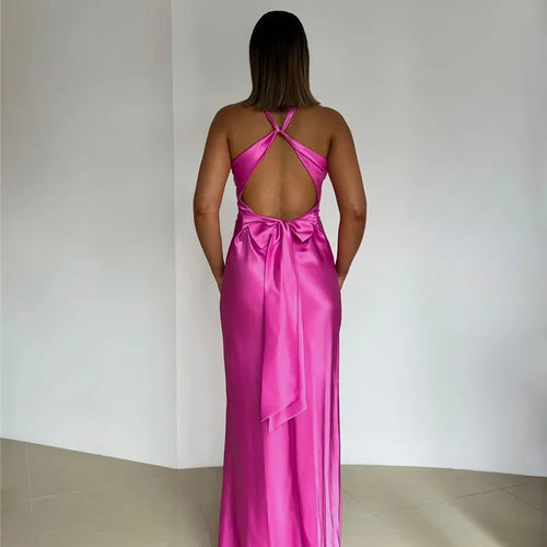 Load image into Gallery viewer, Satin Bow Backless Sexy Maxi Dress For Women Gown Fashion V Neck Sleeveless Club Party Evening Dress Elegant
