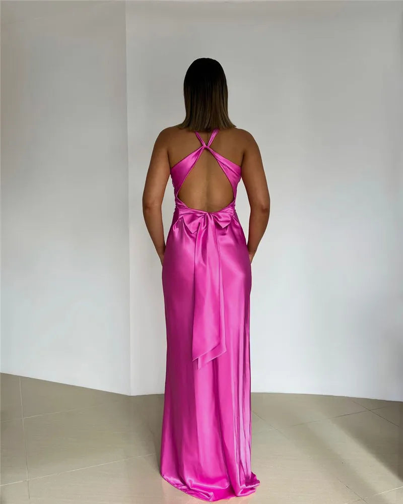 Satin Bow Backless Sexy Maxi Dress For Women Gown Fashion V Neck Sleeveless Club Party Evening Dress Elegant