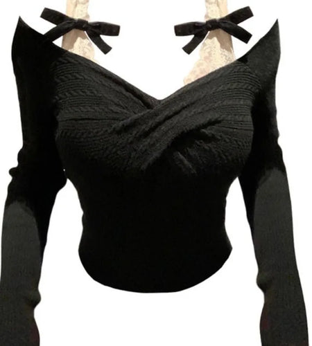 Korean Sexy Fairy Crop Top Sweater Women Japanese Sweet Y2k Aesthetic Bow Lace Patchwork Knitted Pullover Thin Kintwear Tops