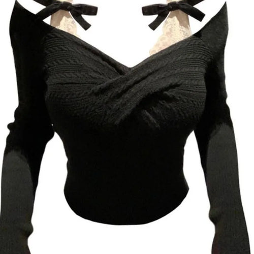 Load image into Gallery viewer, Korean Sexy Fairy Crop Top Sweater Women Japanese Sweet Y2k Aesthetic Bow Lace Patchwork Knitted Pullover Thin Kintwear Tops
