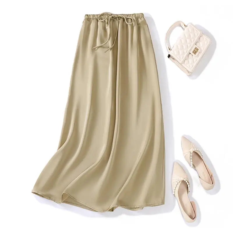 Summer Solid Casual High Waist Long Skirt Women's Korean Fashion Drawstring Lace-up Holiday Skirts 2024 Simplicity Popular Trend