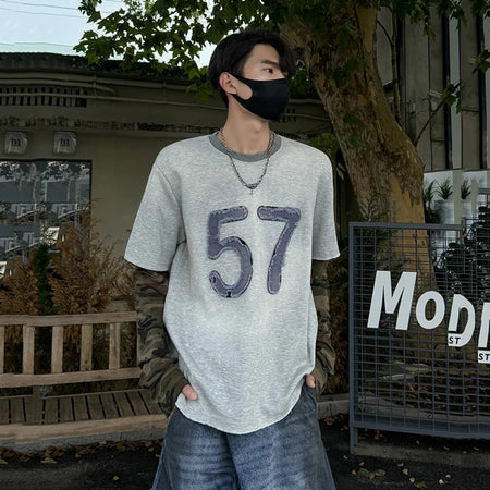 Niche Design Men's T-shirts Round Collar Letter Patchwork Camouflage Long Sleeve Contrast Color Loose Male Tees New 9C9072