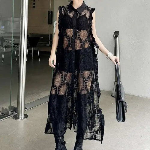 Load image into Gallery viewer, Women White Lace Perspective Ruffles Big Size Shirt Dress New Lapel Sleeveless Fashion Tide Spring Summer 2025 1DH6069
