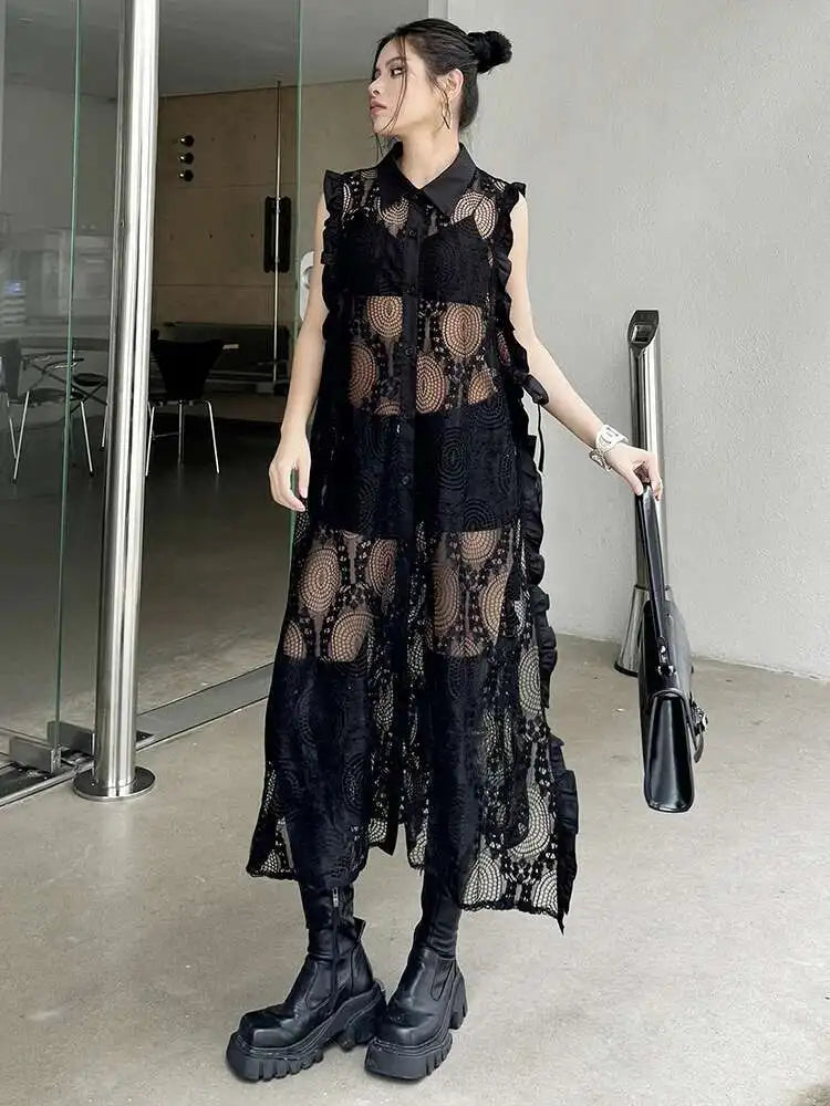 Women White Lace Perspective Ruffles Big Size Shirt Dress New Lapel Sleeveless Fashion Tide Spring Summer 2025 1DH6069