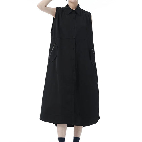 Load image into Gallery viewer, Women Dark Gray Zipper Pocket Big Size Midi Shirt Dress New Lapel Sleeveless Fashion Tide Spring Summer 2025 1DJ0950
