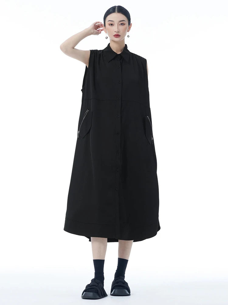 Women Dark Gray Zipper Pocket Big Size Midi Shirt Dress New Lapel Sleeveless Fashion Tide Spring Summer 2025 1DJ0950