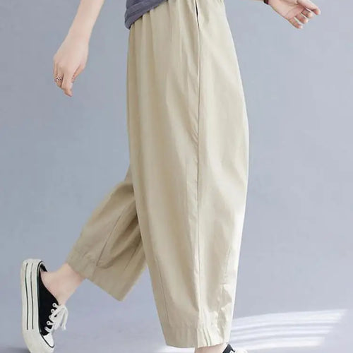 Load image into Gallery viewer, Korean Version Women Summer Black Beige Casual Loose Elastic High Waist Cotton Pocket Ankle-length Harem Pant Brown Oversized
