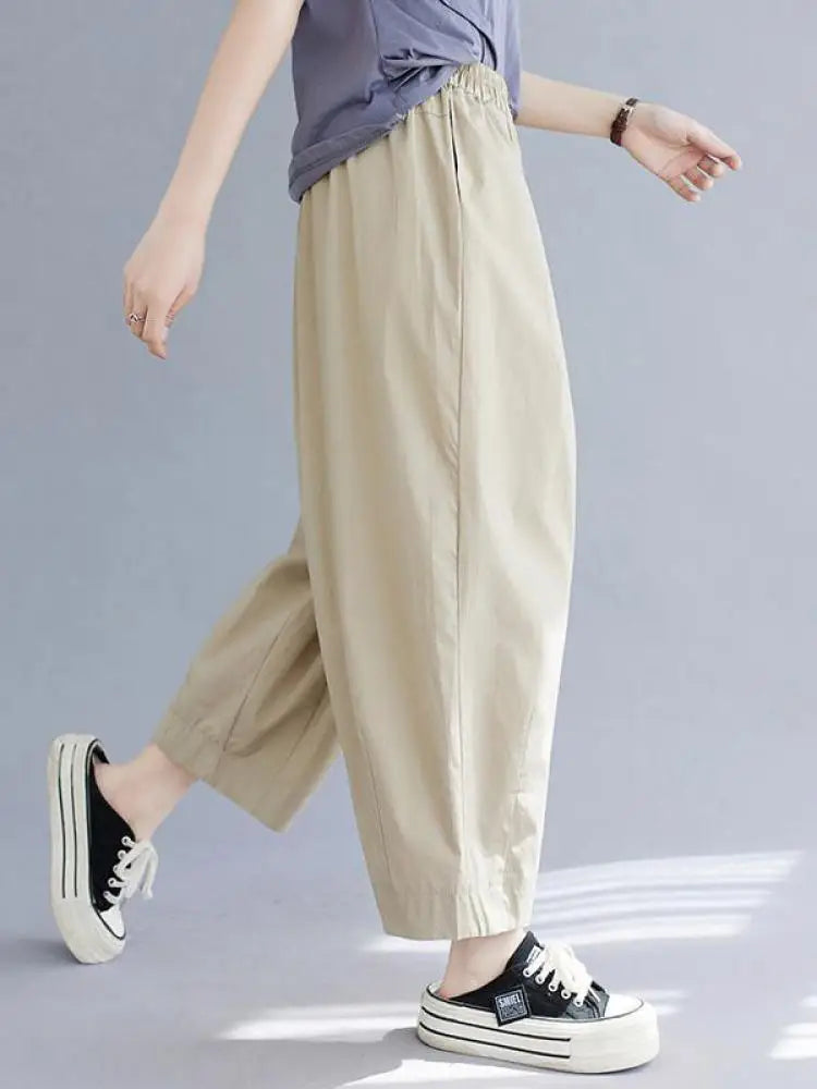 Korean Version Women Summer Black Beige Casual Loose Elastic High Waist Cotton Pocket Ankle-length Harem Pant Brown Oversized